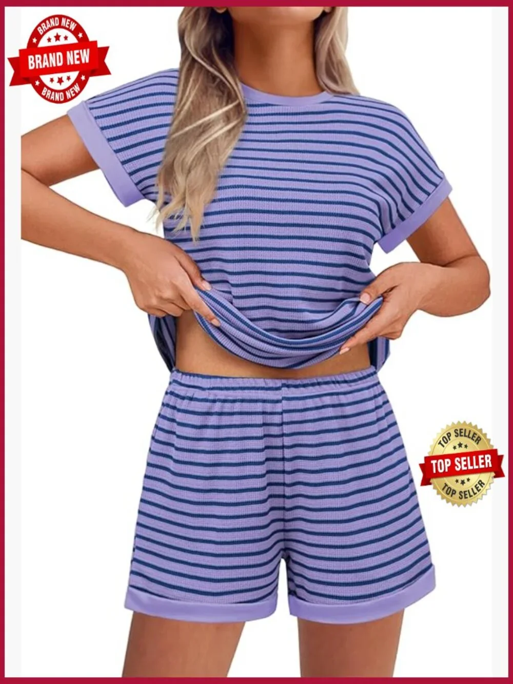 2 Piece Striped Lounge Set - Shorts & T Shirt Matching Outfit